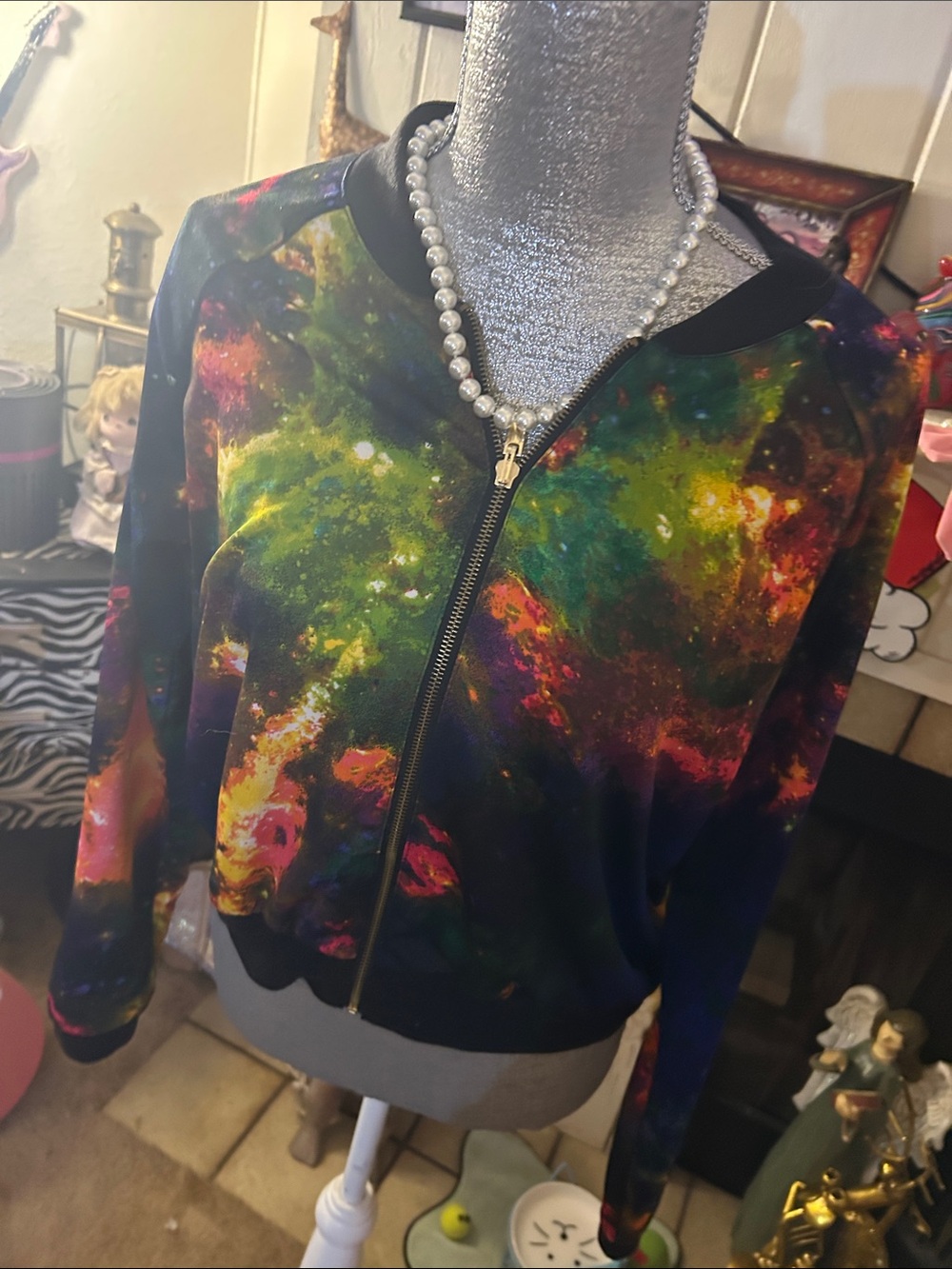 Galaxy-Print Bomber Jacket in Black & Multicolor
